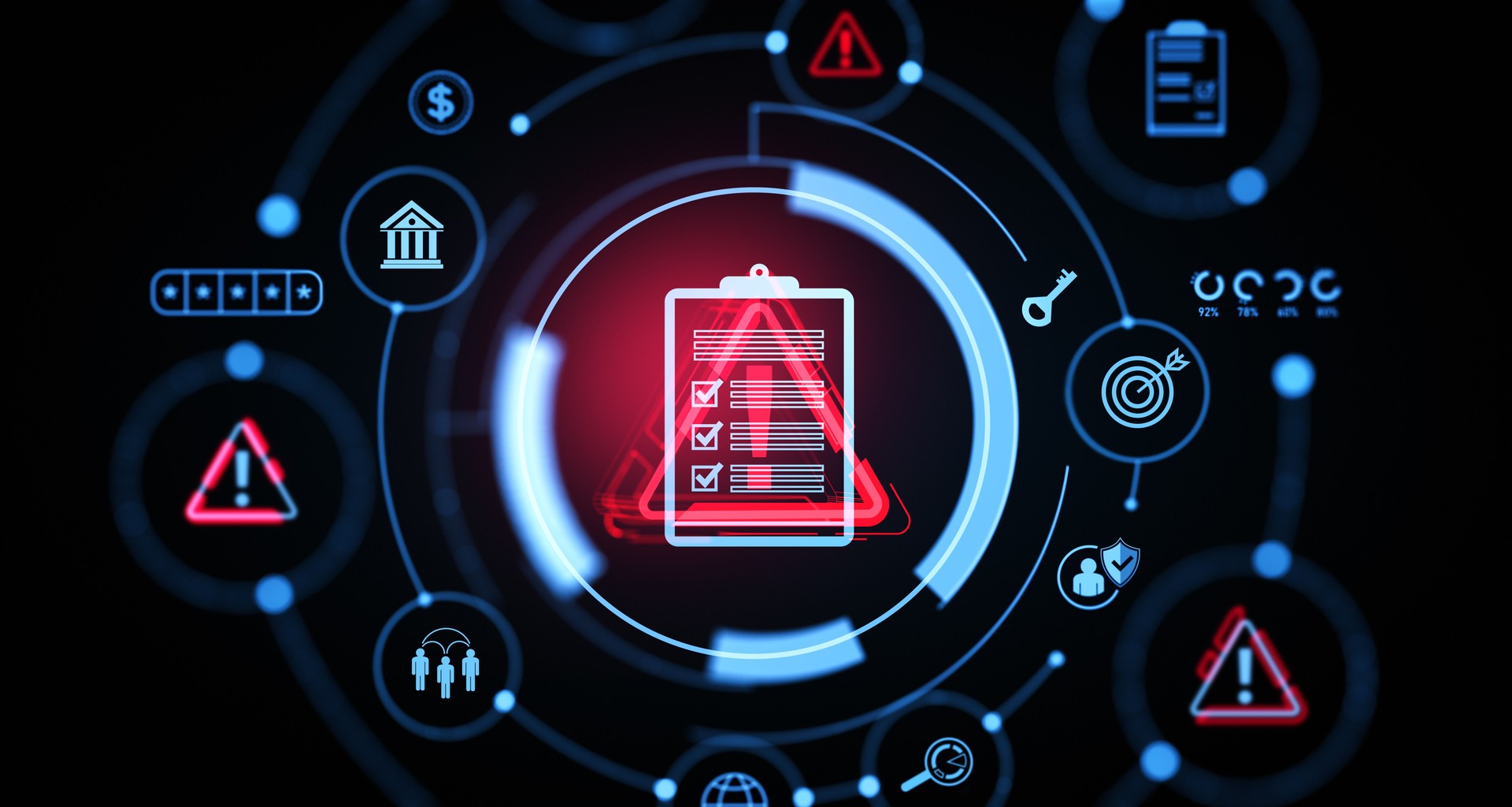 Futuristic digital interface with compliance checklist and security icons on dark background. Concept of cybersecurity. 3D Rendering