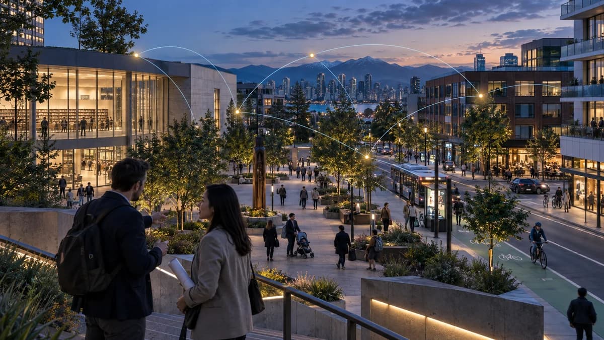 Illustrative city scene connecting places and local knowledge.