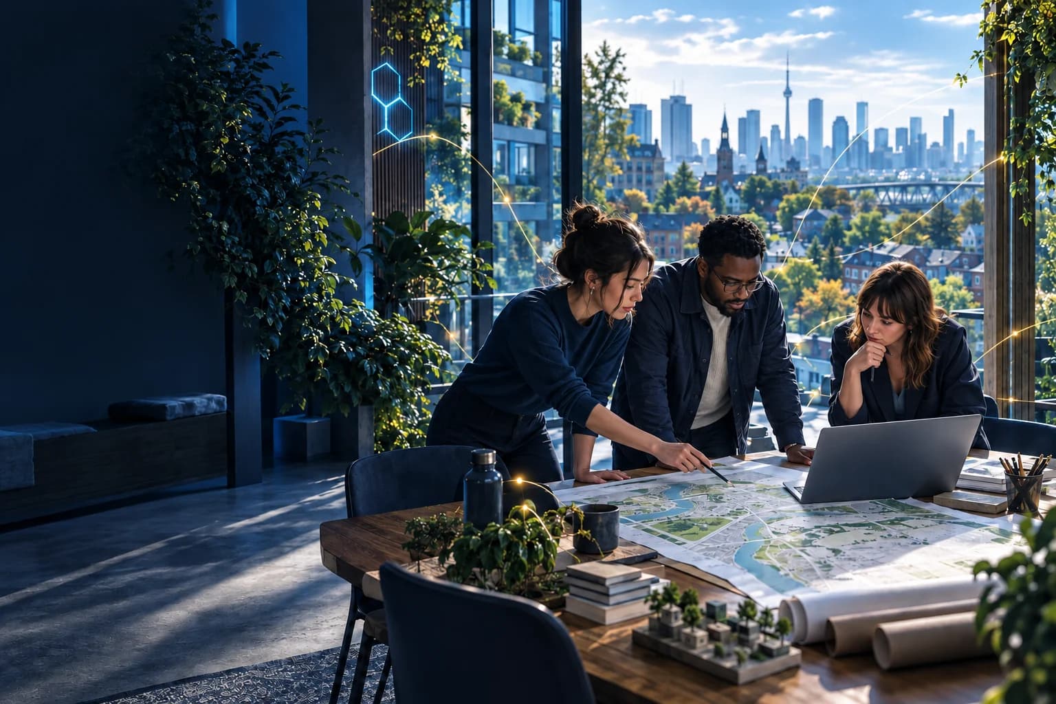 Illustrative team connecting a local plan with the city around them.